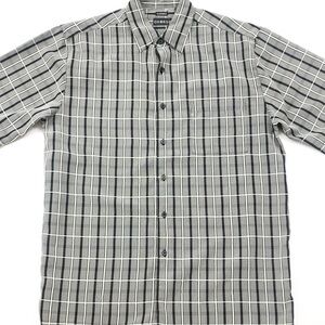 George Sueded black/gray plaid print Button Down Short Sleeve Shirt